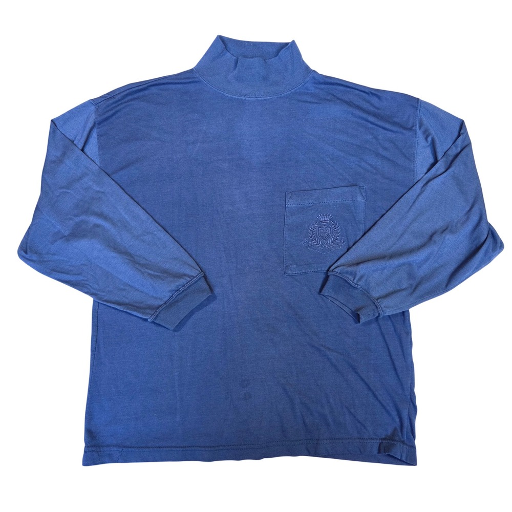 Erika & Company Blue Mock Neck Long Sleeve Top Embroidered Crest Pocket